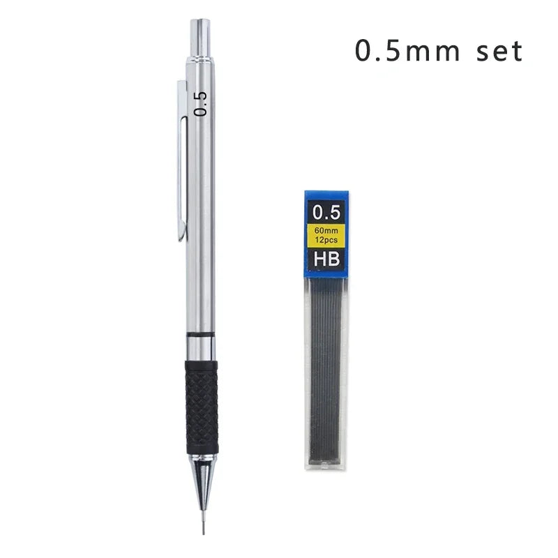 Metal Mechanical Pencil Set with Pencil Grip, Leads Art Drawing Student Office Supplies 0.5/0.7/0.9/2.0mm Automatic Pencil