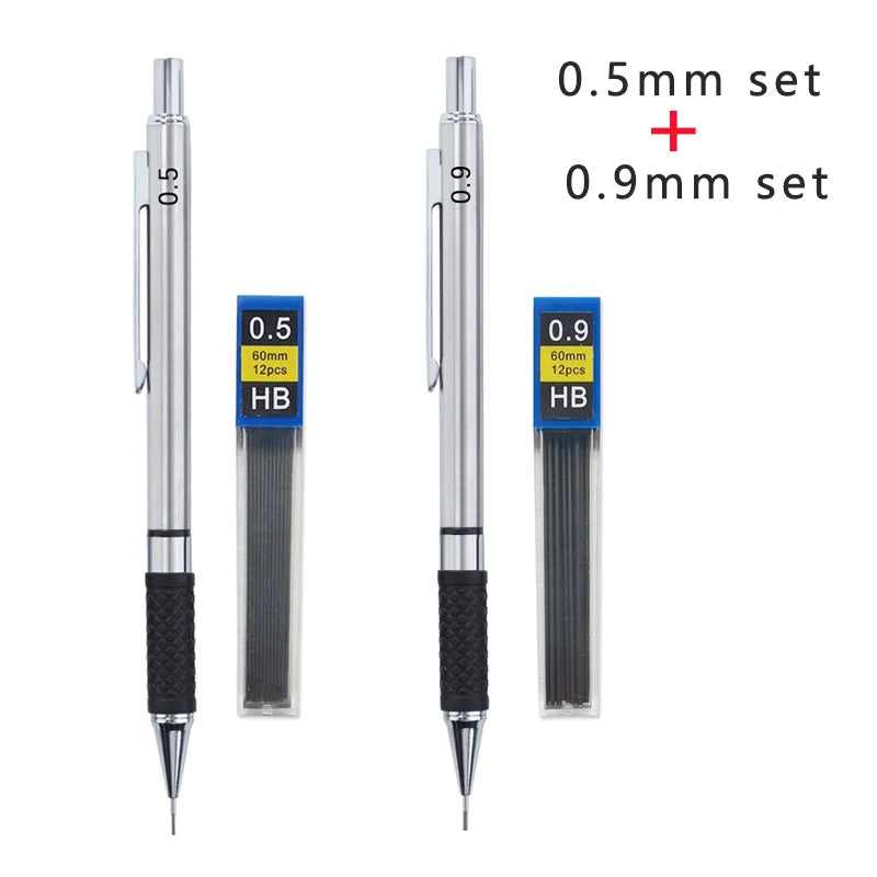 Metal Mechanical Pencil Set with Pencil Grip, Leads Art Drawing Student Office Supplies 0.5/0.7/0.9/2.0mm Automatic Pencil