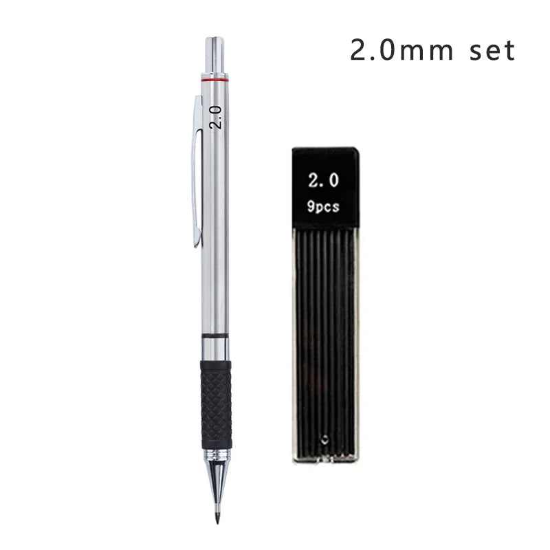 Metal Mechanical Pencil Set with Pencil Grip, Leads Art Drawing Student Office Supplies 0.5/0.7/0.9/2.0mm Automatic Pencil