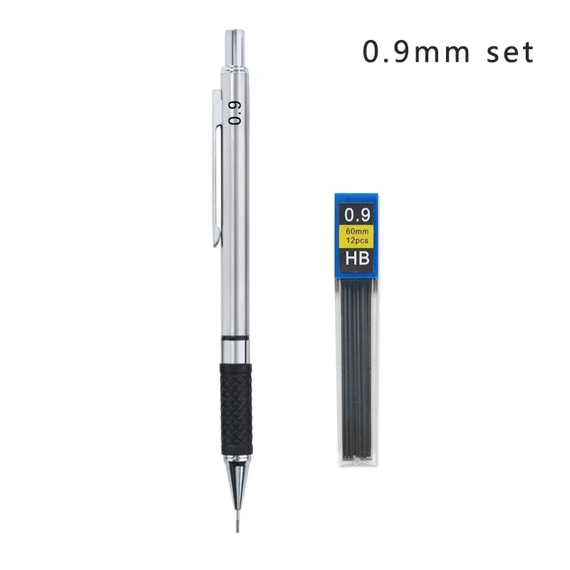 Metal Mechanical Pencil Set with Pencil Grip, Leads Art Drawing Student Office Supplies 0.5/0.7/0.9/2.0mm Automatic Pencil