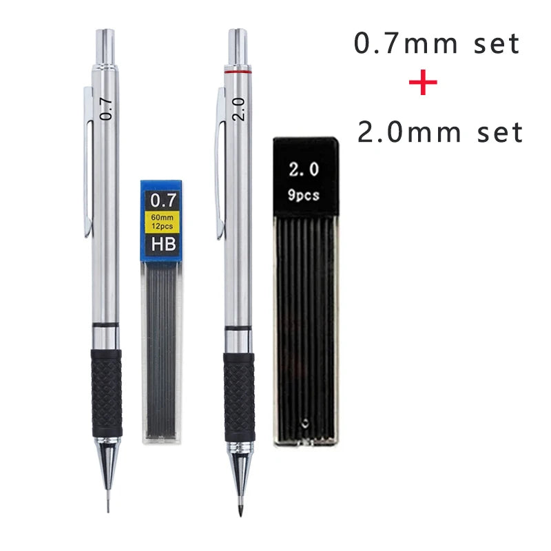 Metal Mechanical Pencil Set with Pencil Grip, Leads Art Drawing Student Office Supplies 0.5/0.7/0.9/2.0mm Automatic Pencil