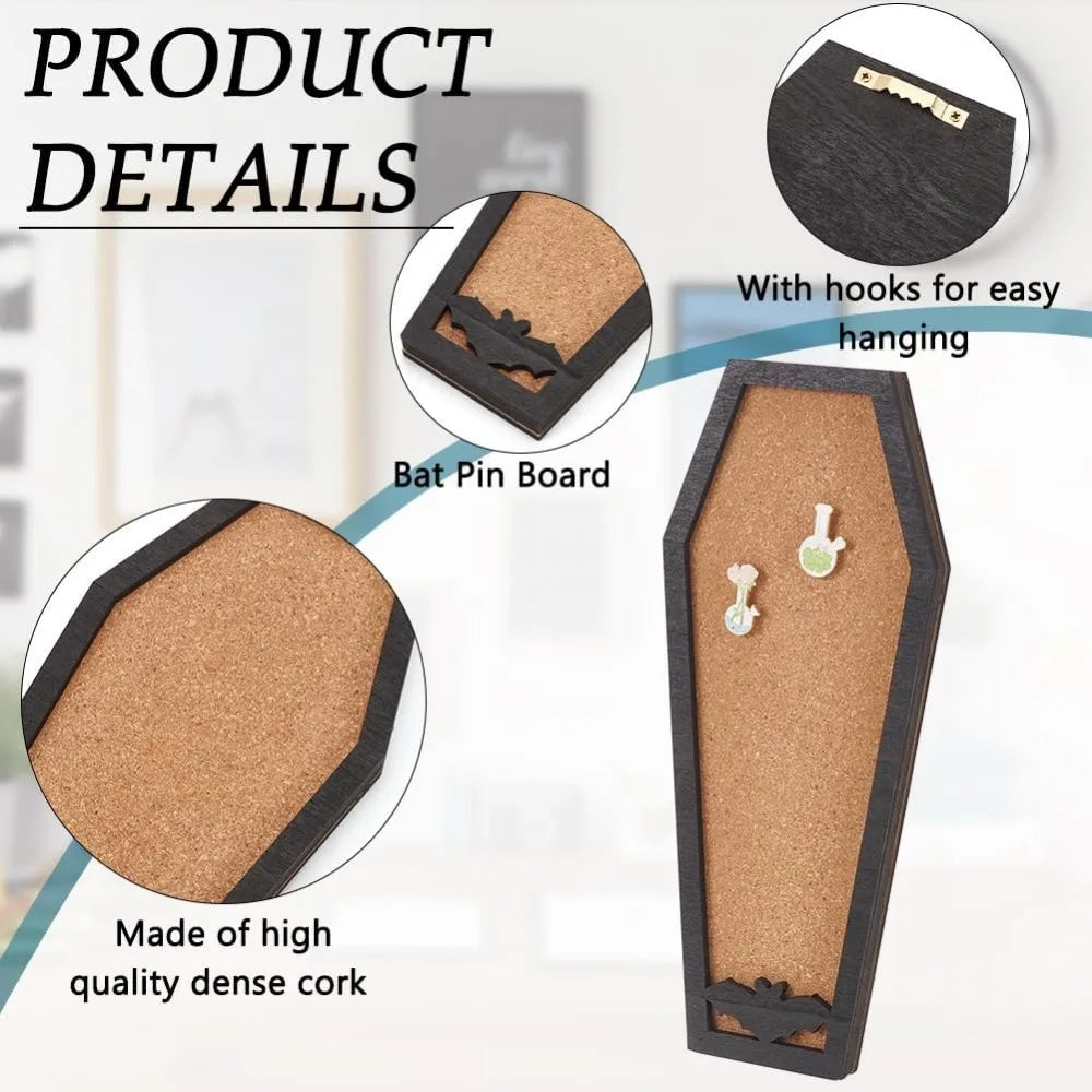 Coffin Bat Pin Board Cork Board 11.2x4.7inch Bulletin Display Board Wall Mounted Cork Board with Black Frame for Brooch Pin
