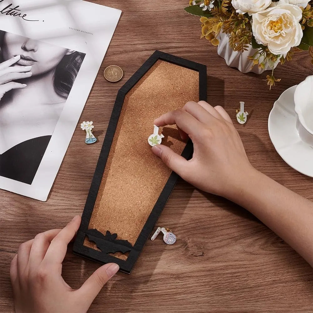Coffin Bat Pin Board Cork Board 11.2x4.7inch Bulletin Display Board Wall Mounted Cork Board with Black Frame for Brooch Pin