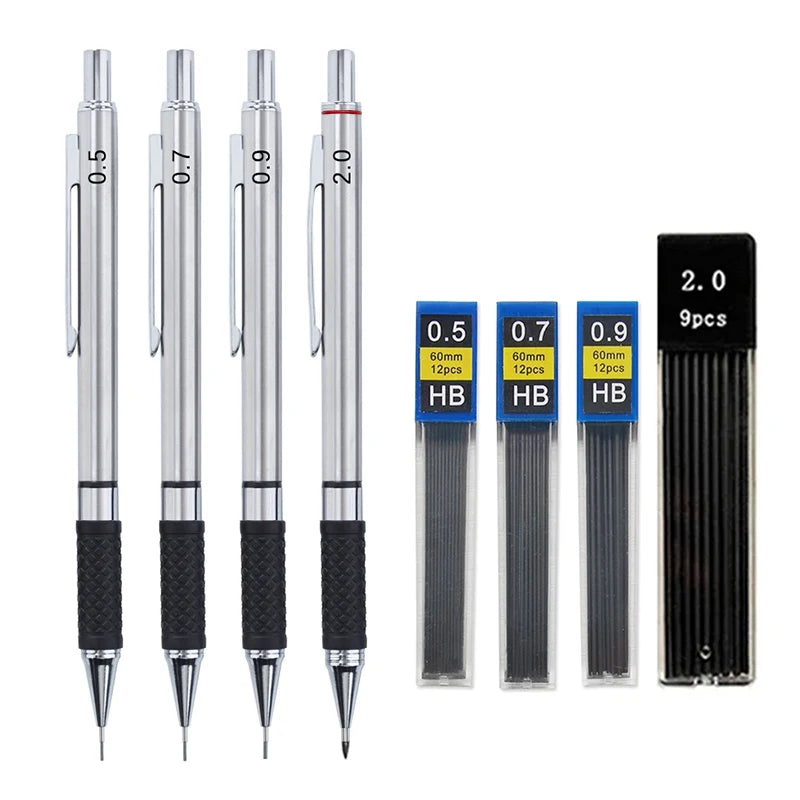 Metal Mechanical Pencil Set with Pencil Grip, Leads Art Drawing Student Office Supplies 0.5/0.7/0.9/2.0mm Automatic Pencil