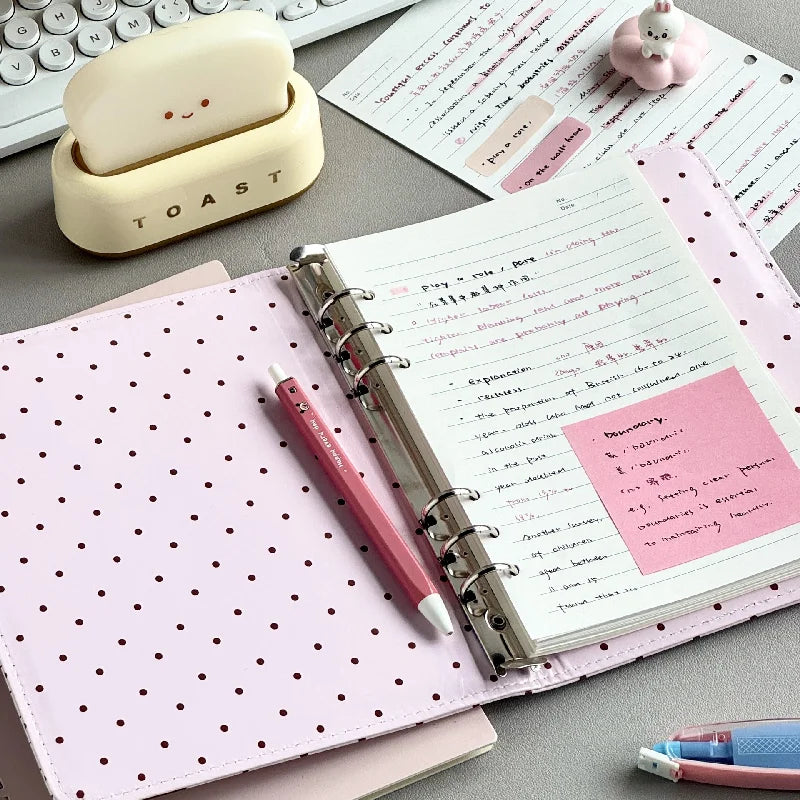 Cute Polka Dot Piano PU Leather Loose Leaf Binder Notebook Detachable Pages Portable Journal for School