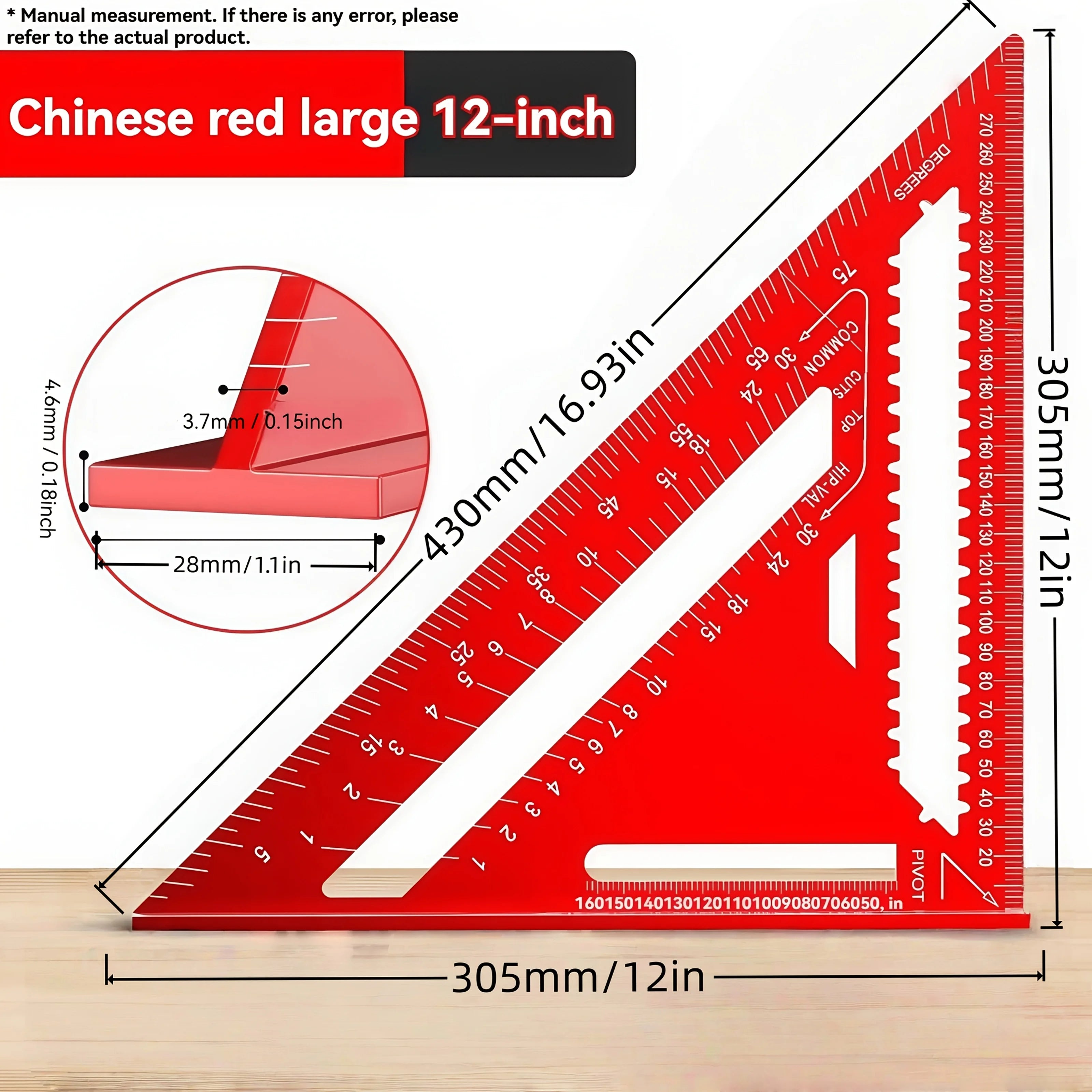 [Precision Ruler] Precision 12-Inch Red Aluminum Alloy Triangle Ruler| Durable Metal Construction, Angle Finder and Metric Scale