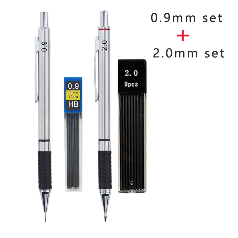Metal Mechanical Pencil Set with Pencil Grip, Leads Art Drawing Student Office Supplies 0.5/0.7/0.9/2.0mm Automatic Pencil